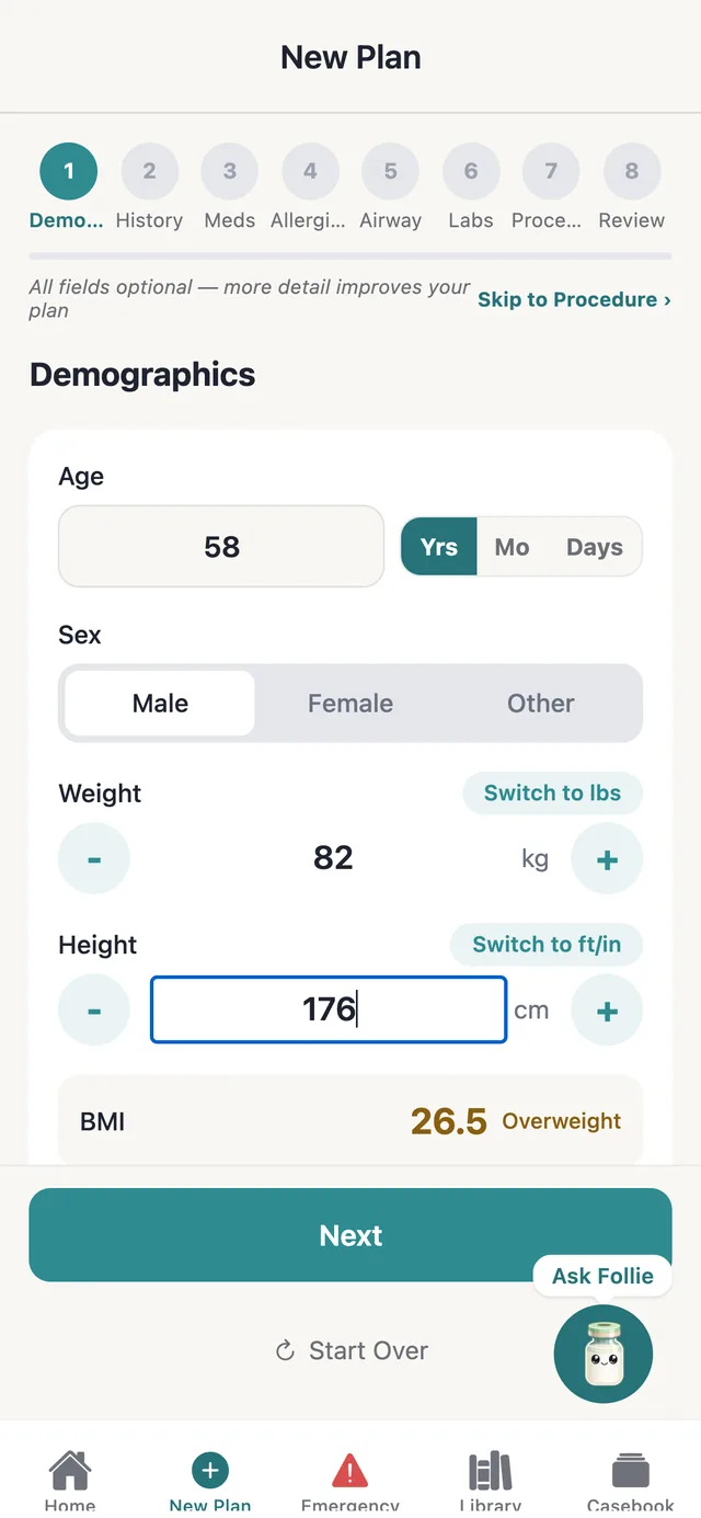 The New Plan demographics step: age, sex, weight, height, BMI, pregnancy status, and ASA class